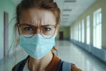 Generative AI image of a teacher doctor medical worker in medical mask standing in classroom during pandemic