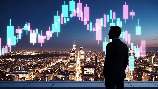Market trader analyzing candlestick chart patterns with urban skyline panorama. Financial investment strategy, forex trading analysis, cryptocurrency monitoring, and business decision making