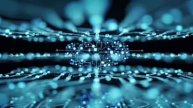 Digital network circuit with glowing connection nodes and data transmission pathways. Technology infrastructure, cyber communication system, blockchain architecture, and electronic processor grid