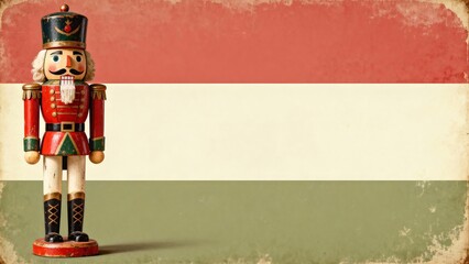 Vintage wooden nutcracker soldier in red uniform stands left on distressed tricolor backdrop, figure in the foreground and textured stripes in the background, concept for holiday greeting card