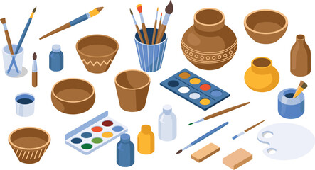 Isometric 3D illustration of art supplies with paintbrushes, watercolor palette, pottery, paint bottles, and artist tools for creative design