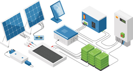 Obraz premium Isometric 3D illustration of solar power system with panels, batteries, inverters, and energy control units for renewable electricity generation