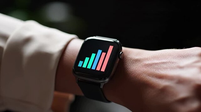 Smartwatch fitness tracker with colorful health data chart on wrist. Wearable technology device for activity monitoring, wellness tracking, exercise statistics, and performance metrics visualization.