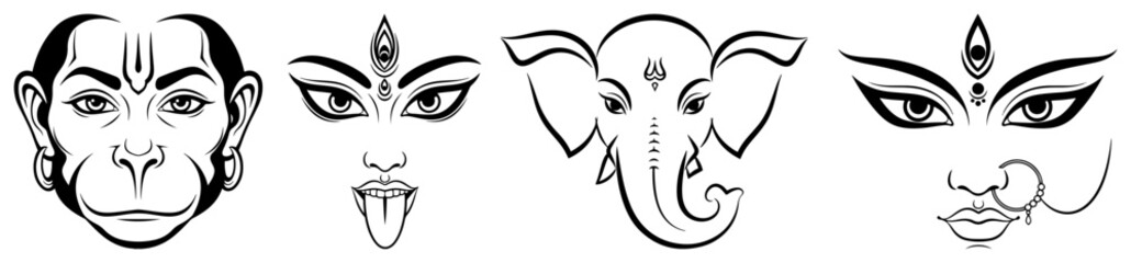 Hindu Gods face icon set Hanuman Kali Ganesha and Durga Stylized vector illustration for tattoo or logo