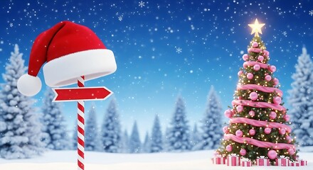 Festive christmas scene with a decorated evergreen tree adorned with pink ribbon and a star alongside a santa hat on a candy cane pole with a directional signpost set against a snowy winter forest bac