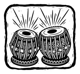 Tabla drums Indian music instrument in woodcut style Black and white vector illustration