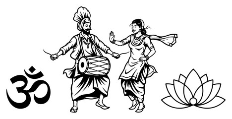 Punjabi Folk Dance Bhangra Couple With Dhol Om And Lotus Line Art Vector Indian Culture Illustration