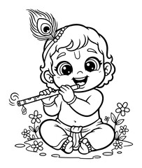 Cute Baby Krishna With Flute And Peacock Feather Line Art Vector Hindu God Illustration
