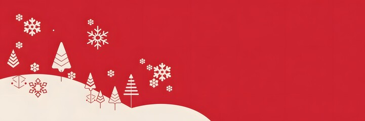 Elegant Christmas winter background, stylized trees, festive snowflakes, a modern red and cream design, perfect for holiday greetings, seasonal banners, elegant promotions, and versatile copy space