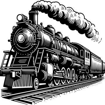 Iron Horse on Rails: A meticulously detailed black and white illustration of a vintage steam train, billowing smoke as it speeds along the tracks.