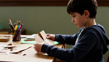 Child folding art paper in half with focused hands in earthy-toned workspace and documentary light