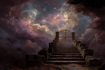 Fototapeta premium Stairway to Heaven Leading to a Gate in the Clouds Fantasy Dreamscape Digital Art Spiritual Journey Hope Concept