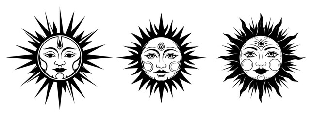 Mystical sun faces with third eye icon set Boho celestial vector for spiritual tattoo and logo design
