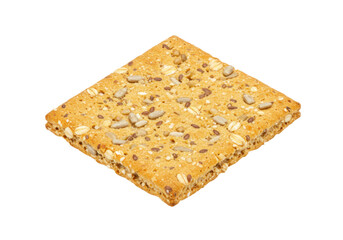 Isolated crunchy cracker with seeds for snacking, high fiber whole grain baked snack, healthy diet