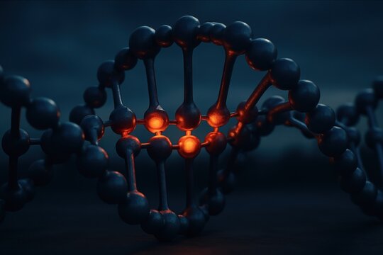 DNA helix, dark blue, with glowing red center, in a blurred background