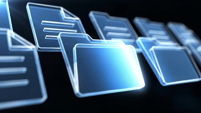 Digital folder file management system with glowing transparent directory icons. Data storage organization, document archive structure, cloud database interface, and electronic filing for business