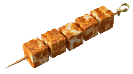 Paneer tikka kebab on a skewer delicious indian appetizer against black backdrop on transparent background