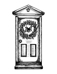 Sketch illustration of a front door decorated with a Christmas wreath. Festive Christmas holiday composition. Vector line art drawing, isolated
