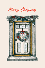 Merry Christmas greeting card with lettering. A front door decorated with a Christmas wreath and fir tree branches. Hand-drawn sketch illustration. Vector line art drawing, isolated