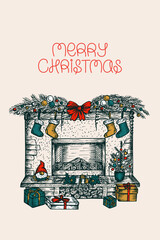 Merry Christmas greeting card with lettering. A fireplace decorated with Christmas elements, toys, gifts. Hand-drawn sketch illustration. Vector line art drawing, isolated