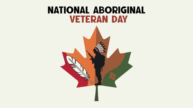 Animated National Aboriginal Veteran Day Illustration with Maple Leaf, Indigenous Soldier Silhouette, and Feather Design