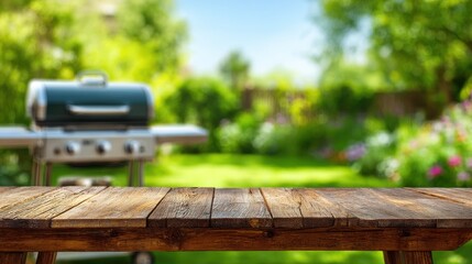 Fototapeta premium Rustic Wood Tabletop with Blurred Barbecue Grill and Garden Background Summer Outdoor Cooking Concept