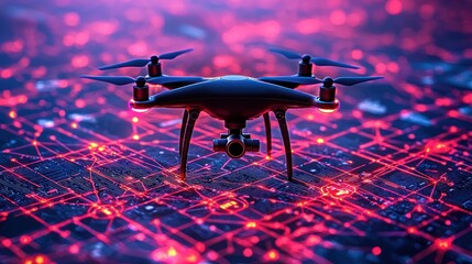 Drone hovering above a circuit board with glowing red lines