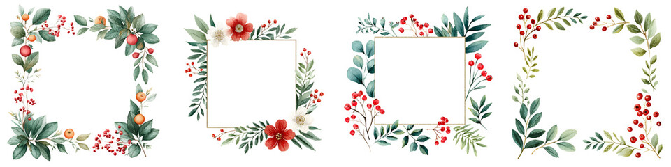 Fototapeta premium Watercolor Winter Floral Frames: Holiday Decoration