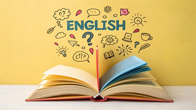 Open book with english text and doodles on yellow background with a pencil standing upright on the book