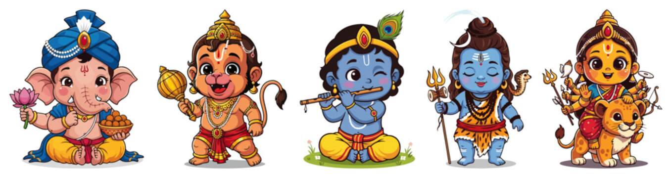 Set of cute baby Hindu Gods Chibi Ganesha Hanuman Krishna Shiva and Durga Kawaii cartoon vector collection