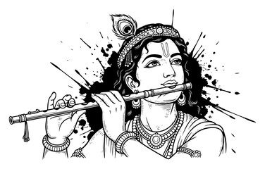 Lord Krishna playing flute in modern grunge style Black and white vector illustration for Janmashtami © Anna