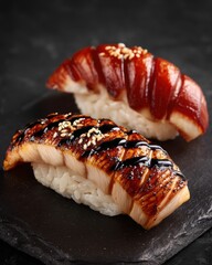 Two pieces of unagi nigiri sushi on slate plate close up studio shot delicious japanese cuisine traditional food
