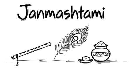 Janmashtami greeting card design Hand drawn sketch of Krishna's flute peacock feather and butter pot