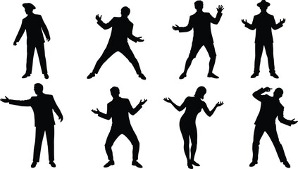 Black Silhouettes of Formal People in Expressive Gestures, Dramatic Poses, Speaking and Performing Stances, Isolated on Clean White Background