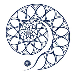 Fototapeta premium This image is an icon of a complex spiral design. It features geometric patterns including circles, triangles, and intersecting lines, resembling a nautilus shell.