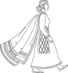 Traditional South Asian attire illustration, cultural fashion line art, ethnic clothing design, walking woman figure, dupatta dress vector, heritage style drawing