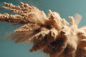 Dust Cloud Explosion Against Blue Sky Abstract Shot of Particles and Debris in Motion Dramatic Effect