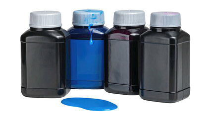 Black bottles with colored fluids, one leaking a vibrant blue onto a dark surface creating a stark contrast