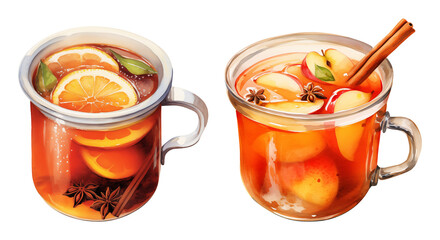 Warm mulled wine, cider, spiced tea watercolor illustration