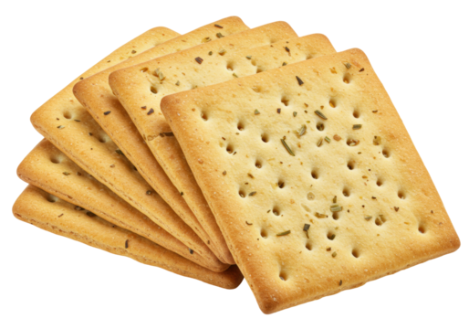 Isolated savory square crackers seasoned with herbs, a light snack or appetizer biscuit