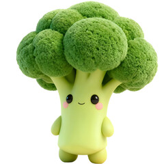 Cute 3D plush green broccoli kawaii cut-out character. Adorable smiling vegetable mascot png design element.