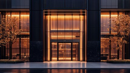 Entrance to a modern building with warm lighting and symmetrical trees