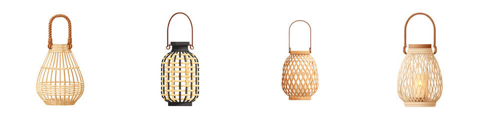 Fototapeta premium Collection of Rattan Lanterns for Home Decor on White Background