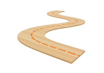 Isolated wooden toy road curving upwards with orange dashed lines, perspective view