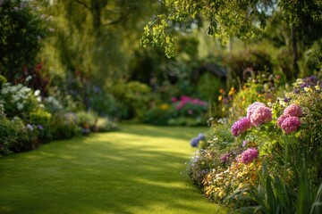 Obraz premium Lush garden path with pink hydrangeas and green lawn in summer sunshine landscape view of colorful flowers and foliage in peaceful setting