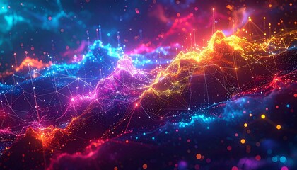 Abstract Digital Landscape with Glowing Particles in Blue Purple and Yellow Tones Creating Network Style Connections