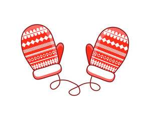 Winter mittens in children's style. Lace gloves on white background. Winter mittens for postcard design.