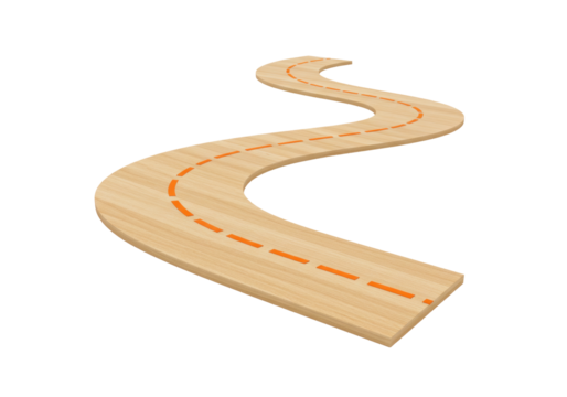 Isolated wooden toy road curving upwards with orange dashed lines, perspective view