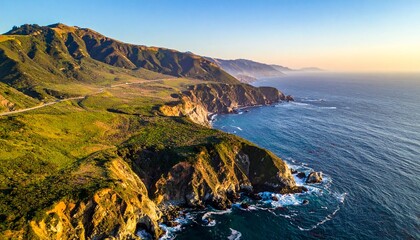 Aerial View of California Coastline with Green Vegetation and Blue Ocean Water at Sunset