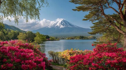 Serene Mount Fuji Landscape with Azaleas and Lake Kawaguchiko in Springtime Japan Scenic View